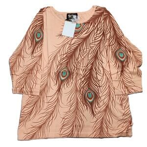 Bob Mackie Peacock Feather Print Top Women Large Long Sleeve Peach Artistic